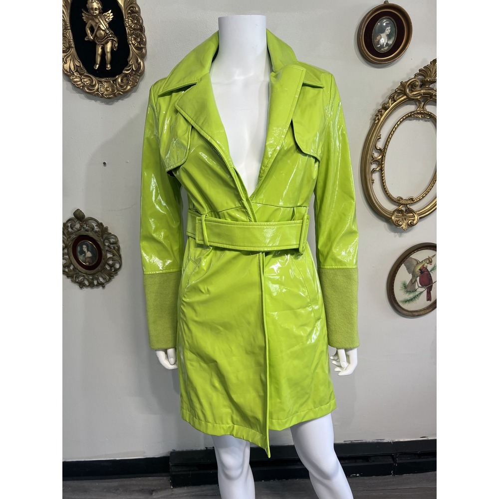 Kirin Peggy Gou Neon Lime Green Patent Short Belt Trench Coat Jacket Size 40